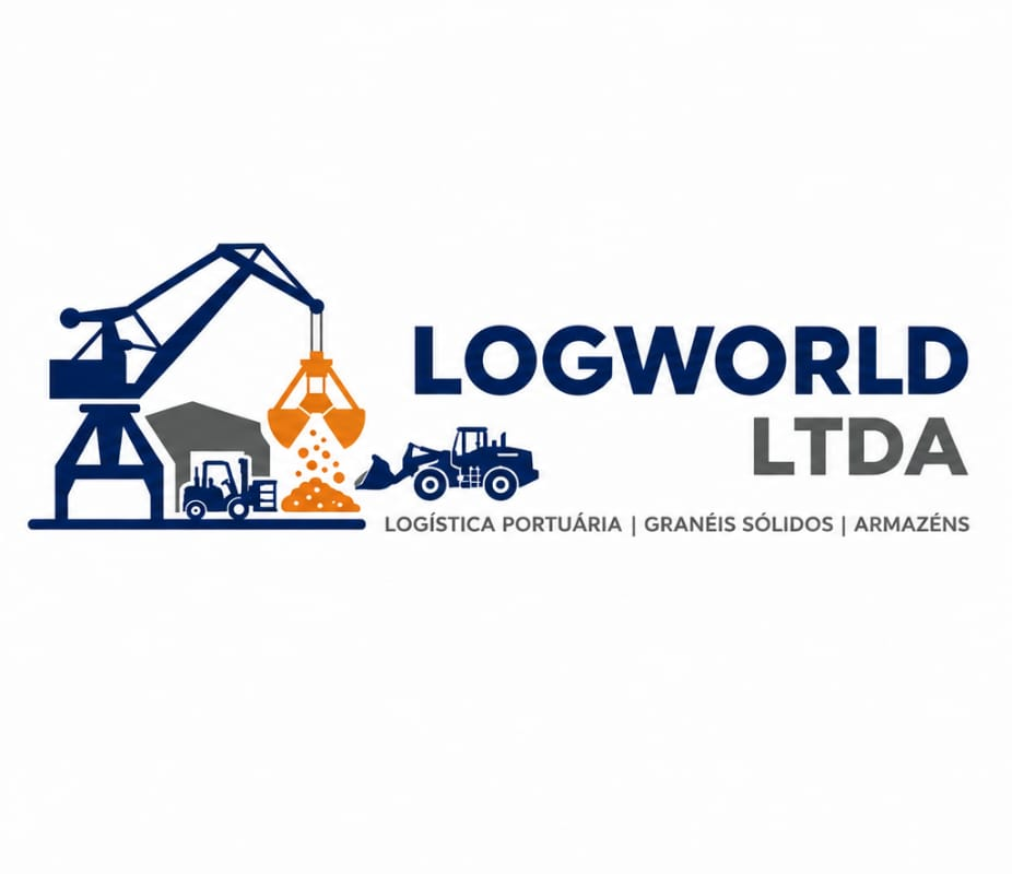 Logomarca da Logworld Ltda com guindaste, equipamentos e as áreas logística portuária, granéis sólidos e armazéns
